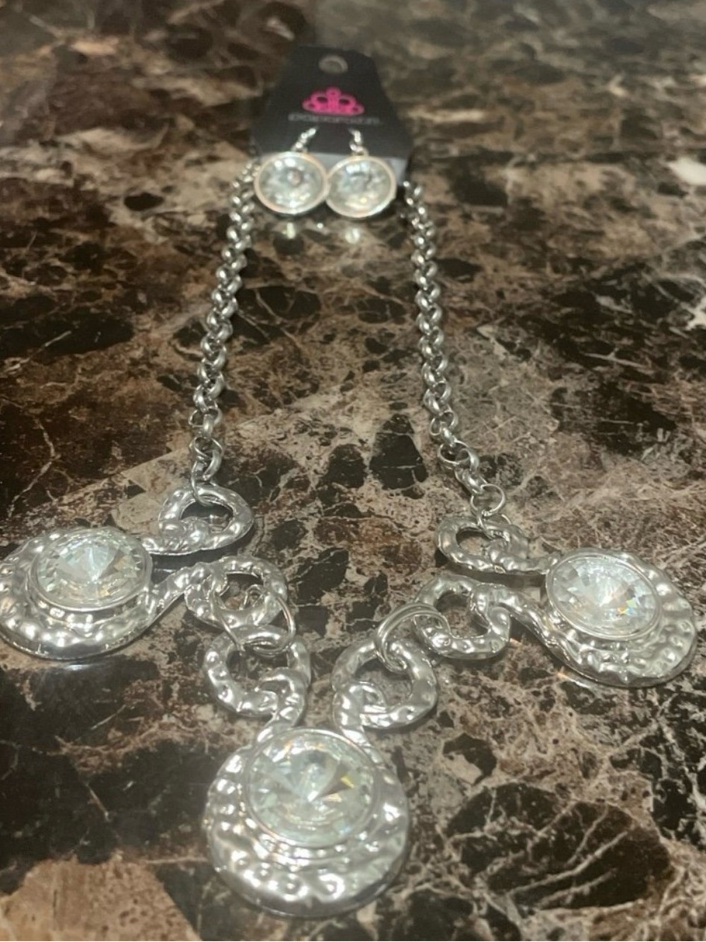 Paparazzi Silver Crystal Pendant Statement Necklace with Matching Earrings